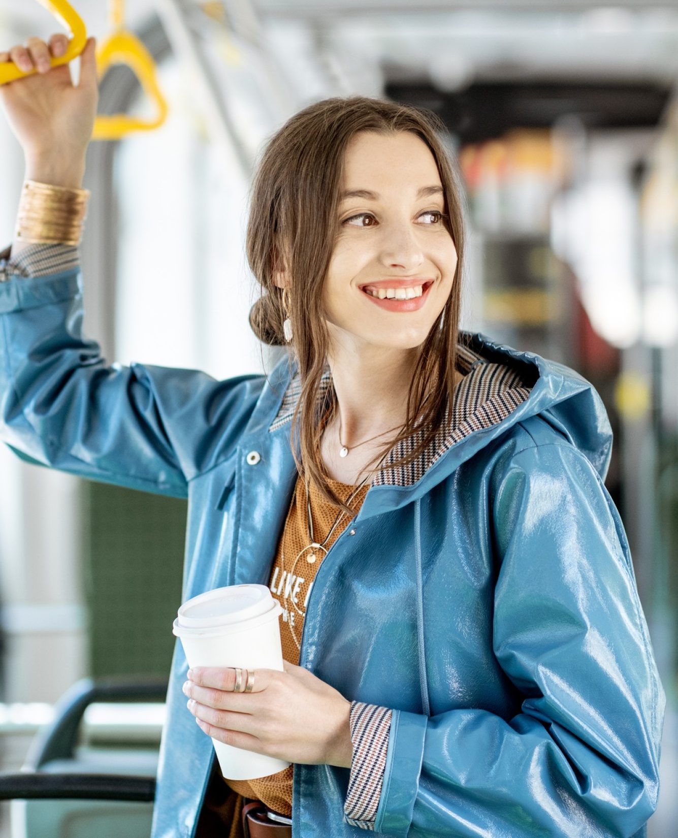 Female passenger using public transport